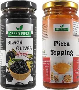 GREEN PIECE Pizza Topping (250gm) and Black olives Sliced (230 gm)(Pack of 2) Olives