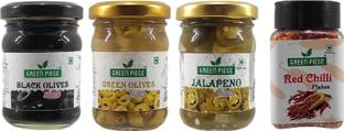 GREEN PIECE Black Olives, Green Olives, Jalapeno Sliced(120gm x 3), Red Chilli Flakes(50gm) Olives