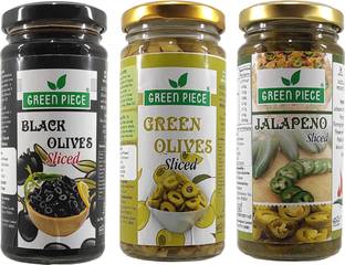 GREEN PIECE Black Olives (230gm),Green olives (230gm) and Jalapeno (230gm) (Pack of 3) Jalapenos