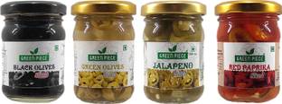 GREEN PIECE Black and Green Olives, Jalapeno Sliced, Red Paprika Slice(120gm x4)(Pack of 4) Olives