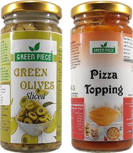 GREEN PIECE Green olives (230 gm) And Pizza Topping (250gm) (Pack of 2) Olives
