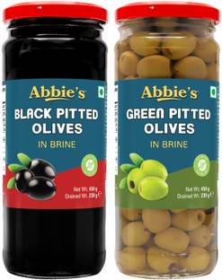 Abbie's lack Pitted Olives (450 g) + Green Pitted Olives (450 g), Pack of 1 Each, Olives
