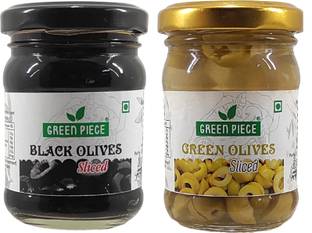 GREEN PIECE Green olives Sliced (120 gm) and Black olives Sliced (120 gm)(Pack of 2) Olives