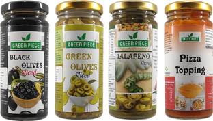 GREEN PIECE Black & Green olives(230 gm),Pizza Topping (250gm), Jalapeno(230gm)(Pack of 4) Olives