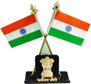 RONAK Satya mev Double Sided Indian Cross Design Dashboard showpiece Stand Decorative Showpiece  -  15 cm