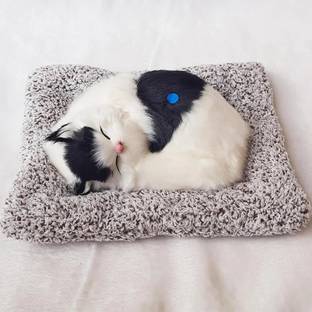 Dwiti Enterprise Car Dashboard Sleeping Cat Interior Decorative Accessories Figurines Showpiece Sleeping Cat Plush Toy with Press Simulation Sound Car Dashboard Cover