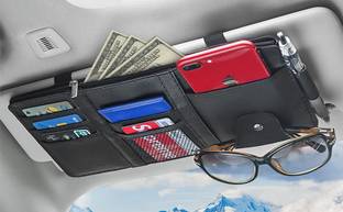 IMPRONOW Car Sun Visor Organizer Pu Leather Sunglass Pouch Holder With Multi-Pocket Black Car Multi Pocket