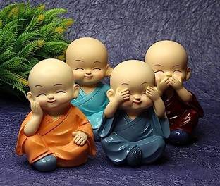 DDA ENTERPRISDES BABY MONKS BUDDHA SET 0F 4 PCS DECORATIVE SHOWPIECE FIGURINES (MUTICOLOURED ) Car Hanging Ornament