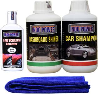 INDOPOWER CAR SHAMPOO 250ml+ DASHBOARD SHINER 250ml+ scratch remover 100gm. car microfiber cloth Blue. 500 ml Wheel Tire Cleaner