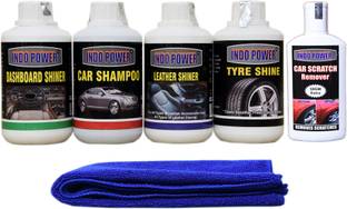 INDOPOWER TOP313-DASHBOARD SHINER 250ML+CAR WASH SHAMPOO 250ml+ TYRE SHINER 250ml+ LEATHER SHINER 250ml+ scratch remover 200gm . car microfiber cloth Blue. Car Washing Liquid