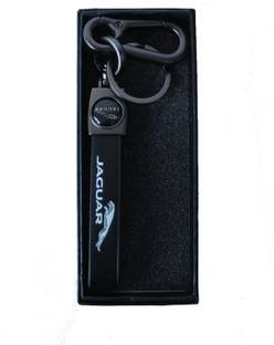 VINAL Imported Black Leather Jaguar Key Chain + Ring with Car Logo & Metal Hook Locking Locking Key Chain