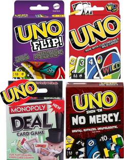 ToyShaala UNO Mega Fun Pack – Classic, Flip, No Mercy & Monopoly Deal Card Game Set