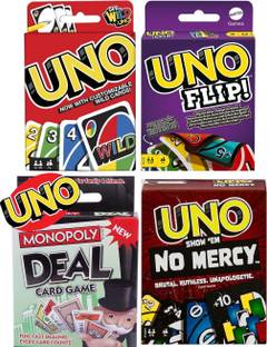 ToyShaala 4-in-1 UNO Card Game Combo Pack – Classic, Flip, No Mercy & Monopoly Deal