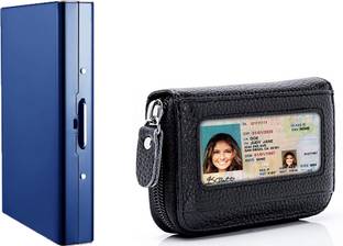 StealODeal RFID Blocking Metal 8 Slot With RFID Protected Black Leather Zipper Case Slot 10 Card Holder