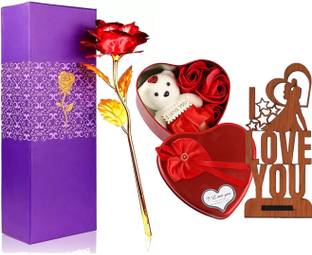 Nyaro Artificial Flower Box Soft Toy & Wooden I Love you Showpiece Greeting Card
