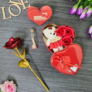 nyarogift Artificial Red Flower Box, Soft Toy, Message Bottle, Greeting Card Greeting Card