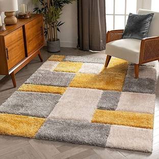 SR Handloom Grey, Yellow Polyester Carpet