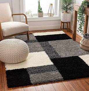 RM Handloom Black, White Polyester Carpet