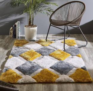 RM Handloom Yellow, Grey, White Polyester Carpet