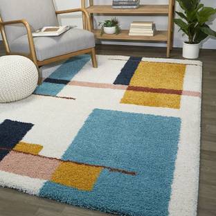 SR Handloom Light Blue, Yellow Polyester Carpet