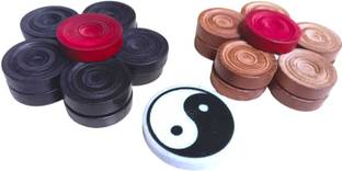 PERICO WOODEN CARROM COINS (9 BLACK,9 BROWN,2 RED) WITH STRIKER Carrom Pawns