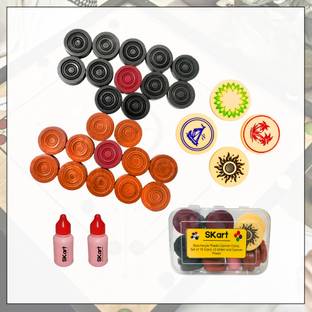 skart Wooden Carrom Board Coins, 24 Coins, 4 Designer Strikers, 2 Powder Carrom Pawns