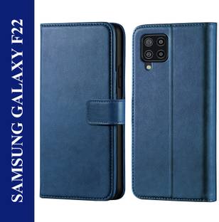 Kreatick Back Cover for Samsung Galaxy F22 - Inbuilt Stand & Card Pockets | Hand Stitched | Wallet Flip Case
