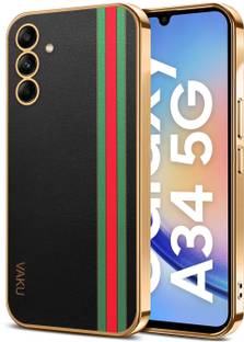 Vaku Luxos Back Cover for Samsung Galaxy A34 5G, Felix Line Leather Pattern Gold Electroplated Design Soft TPU Case