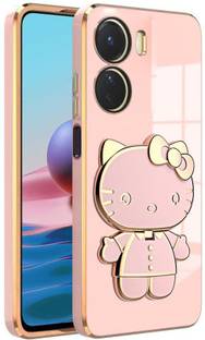 Dallao Back Cover for Vivo T2X 5G, Vivo Y16 3D Kitty with Folding Mirror Stand Slim electroplated case Soft TPU