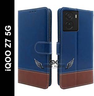 SESS XUSIVE Flip Cover for iQOO Z7 5G -Dual-Color Leather Finish Wallet - Blue & Brown