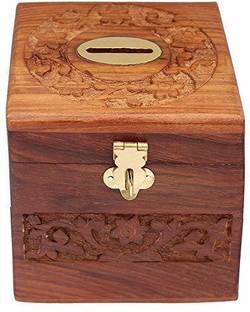 SEB WOODEN HAND CARVED SQUARE MONEY BOX (LARGE) Cash Box