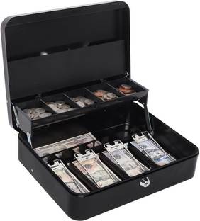 EBOFAB Metal Cash Box with Money Tray and Lock, Black Cash Box with Key Lock Cash Box