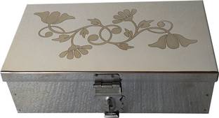 GINOSET SS Storage Cash Pooja Peti Locker Box 8 Inch Steel With Laser Print Design Cash Box