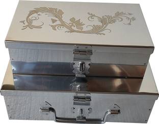 GINOSET Steel Storage Box,Cash PoojaSafe Locker Box-8 inch & 9 inch (Multi pack of 2) Cash Box