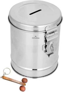 RK Handicraft Stainless Steel Round Shape Gullak Bank with Cash Box