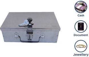 Crevita Stainless Steel Storage Boxes With pri fitted lock and 2 key Size- -9 inch Cash Box