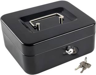 Whipbird 6" Petty Cash Tin Steel Money Safe Box with Lock 2 Keys - Black Cash Box