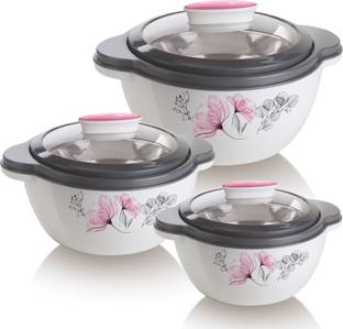 Flipkart SmartBuy Glaze Pink Jr Inner Stainless Steel Serving Casserole Set With Transparent Lid Pack of 3 Thermoware Casserole Set