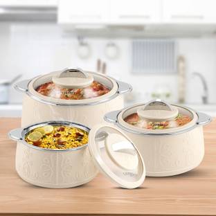 JAYPEE Fabrene Inner Steel Toughened Glass Lid Chapati Biryani Box Serve Casserole Set Pack of 3 Thermoware Casserole Set