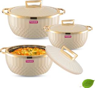 Trueware KRYSTAL Casserole Inner Steel Casserole Set of 3, 750 ml,1000 ml & 1500 ml White Pack of 3 Thermoware Casserole Set