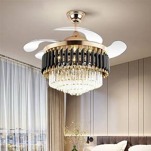 Baslash Luxury Black-Gold 42 inch 3 Color Light Dual Control Remote Ceiling Fan Crystal Chandelier Ceiling Lamp