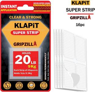 KLAPiT SUPER STRIP GRIPZILLA-Heavy Duty Double Sided Nano Mounting Tape for Handheld Hanging Pictures, Fix Furniture, Carpet, & Foam, 4 Precut Squares - (16pc) (Manual)