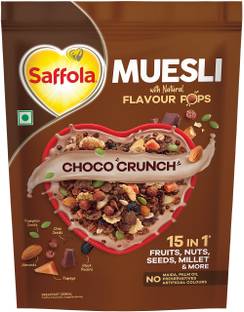 Saffola Muesli Choco Crunch with Flavour Pops, 15 in 1 Fruit, Nuts, Millet & more Pouch