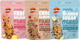 Zerobeli Combo Of Crunchy Fruit Delight, Choco Almond & 0% Added Sugar Muesli |High Fiber Pouch