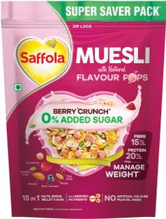 Saffola Muesli 0% Added Sugar Berry Crunch | High Protein | Muesli with Flavour Pops Pouch
