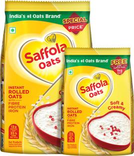 Saffola Instant Rolled Oats 1kg + 300g, Soft & Creamy , Protein, Iron & Fibre Pouch