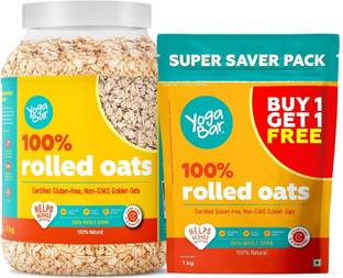 Yogabar 100% Rolled Oats 2kg Buy 1 Get 1 Free|Premium Golden Oats|Gluten Free|1kg x 2 Jar