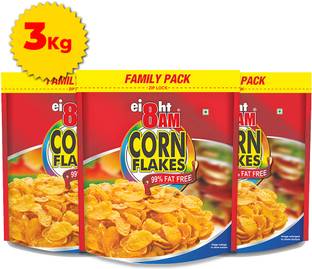 8AM Cornflakes Family Pack (3 x 1 KG), 92% Corn, 99% Fat Free, No Cholesterol Pouch