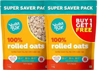 Yogabar 100% Rolled Oats 2kg Buy 1 Get 1 Free|Premium Golden Oats|Gluten Free|1kg x 2 Pouch
