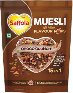 Saffola Muesli Choco Crunch with Flavour Pops, 15 in 1 Fruit, Nuts, Millet & more Pouch